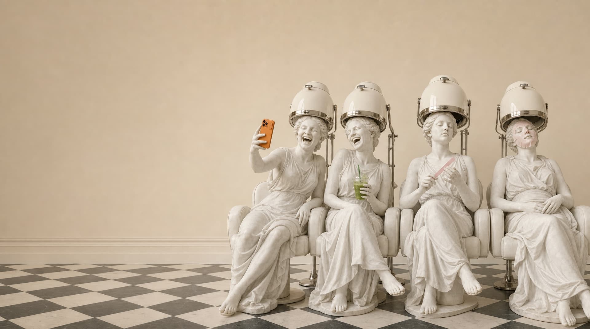 Prime Aesthetic Media brand imagery: marble statues under salon hair dryers
